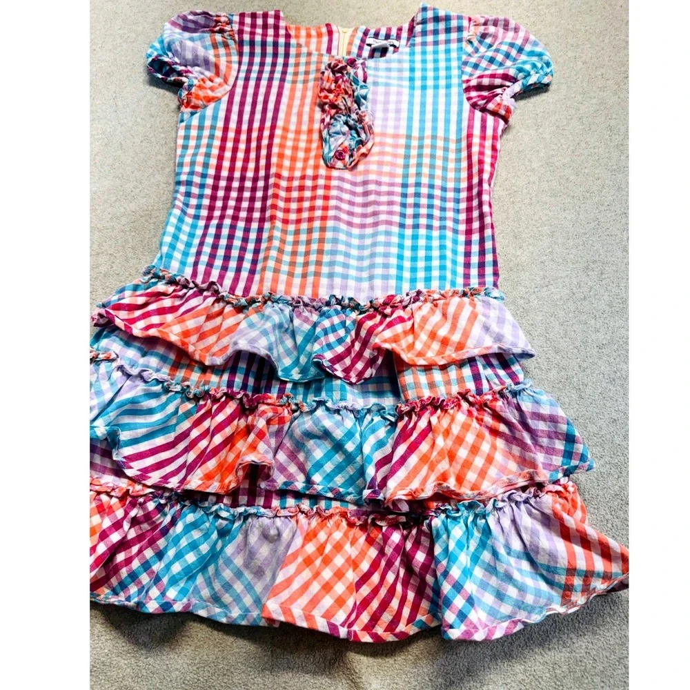 Hartstrings Girls Size 8 Plaid Tiered Ruffle Dress Multicolor Short Sleeve Flowy
